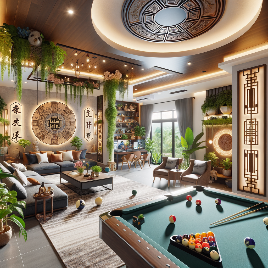 Feng Shui game room tips applied for harmony in home game room, featuring balanced layout and strategic placement of gaming equipment for improved energy flow.