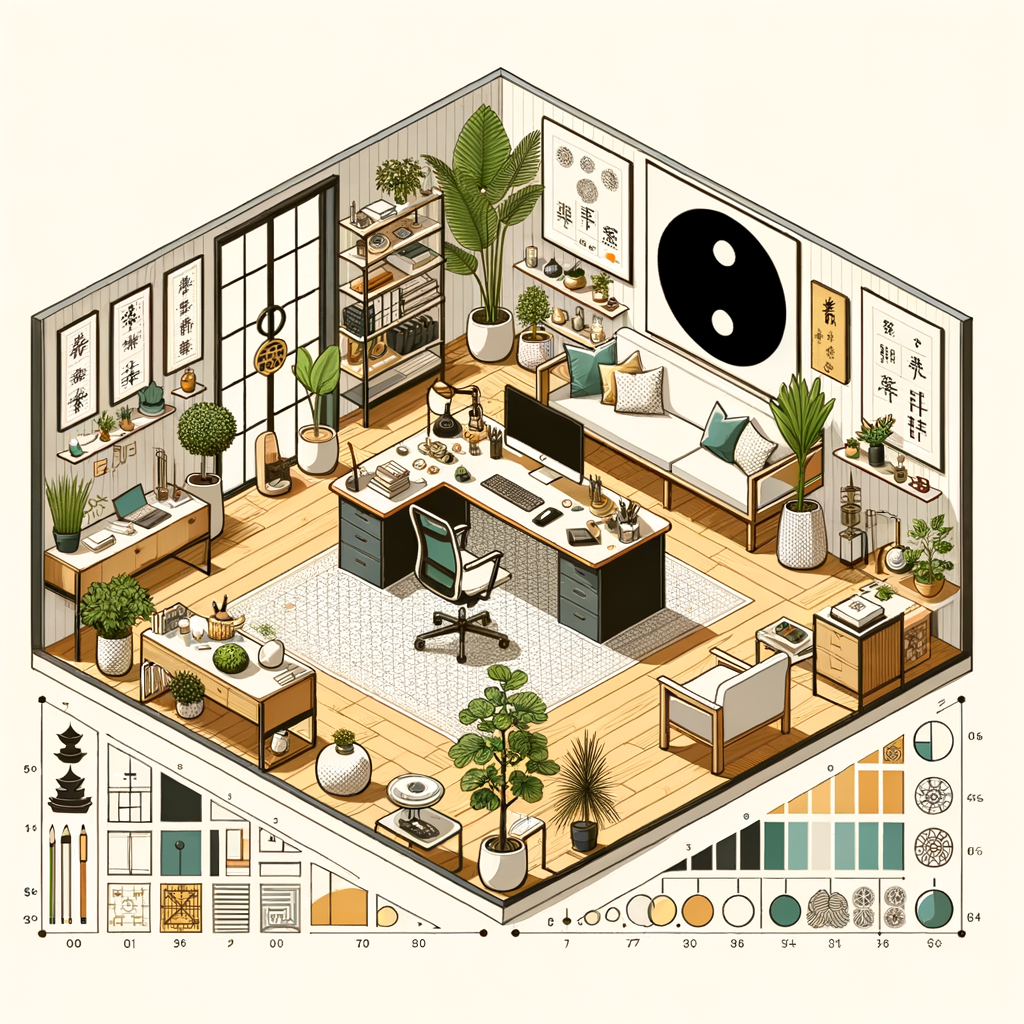 Optimal Feng Shui office layout showcasing Feng Shui office desk placement and design elements for success and prosperity, serving as an Office Feng Shui guide to enhance productivity.