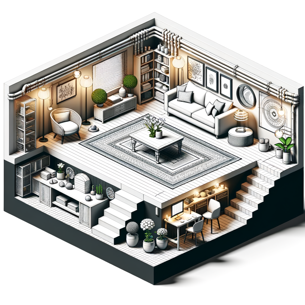 Feng Shui basement tips showcasing energy enhancement practices for home, highlighting Feng Shui for basements with strategically placed furniture, mirrors, and plants to optimize basement energy flow.
