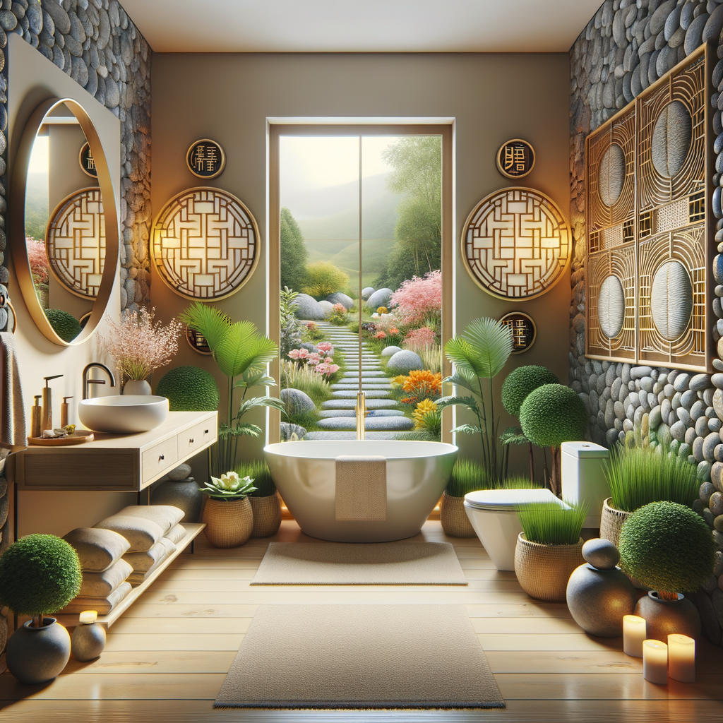 Harmonious Feng Shui bathroom design illustrating Feng Shui bathroom tips, layout, colors, mirrors, plants, decor, and remedies for enhancing Feng Shui in bathroom.