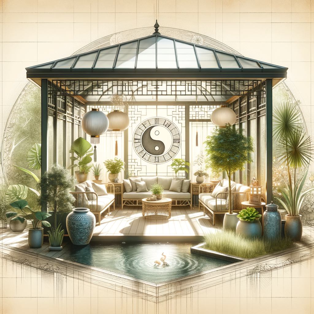 Feng Shui home improvement in a serene conservatory, demonstrating improved energy flow and balance through carefully arranged plants and furniture.