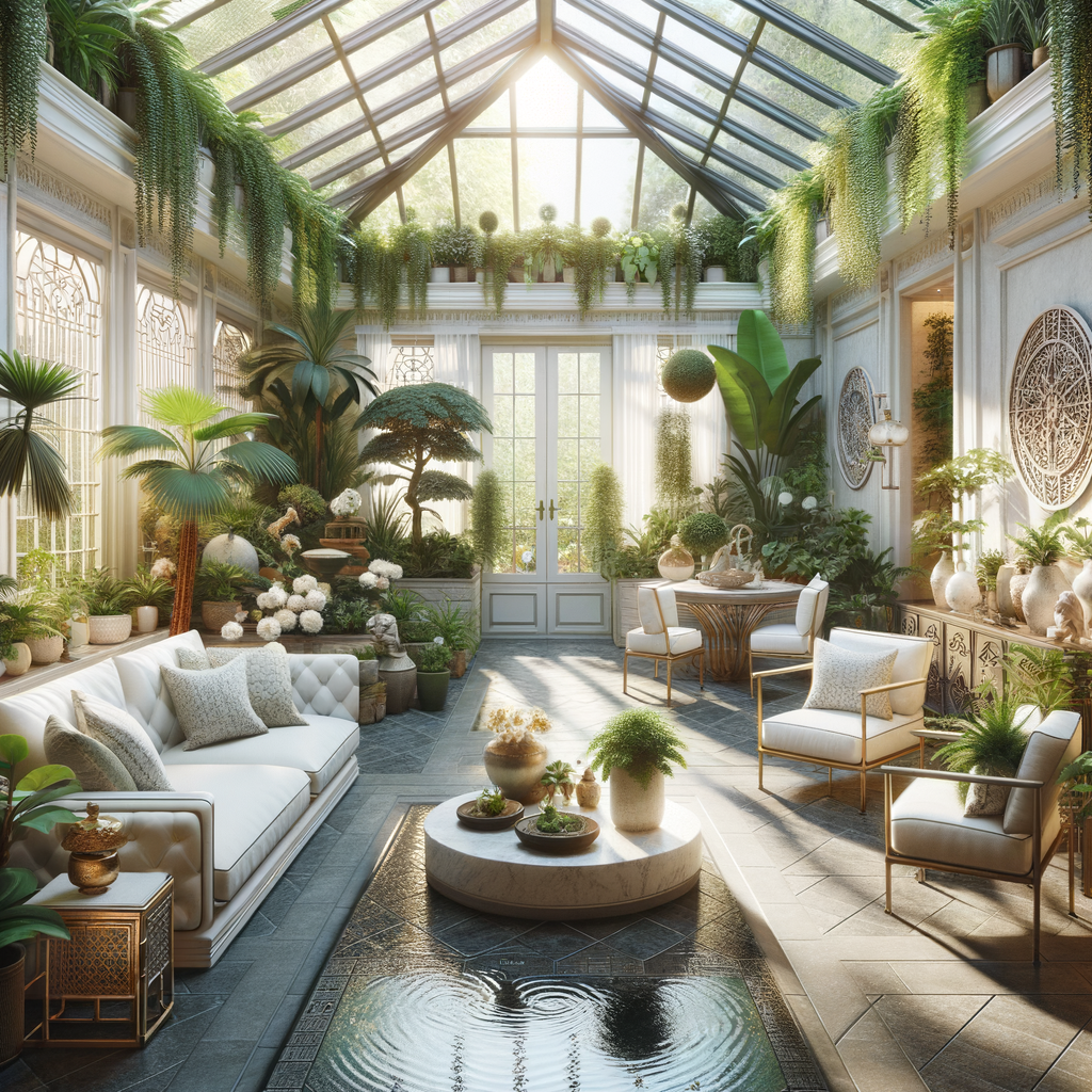 Feng Shui conservatory and greenhouse demonstrating Feng Shui practices for home energy elevation, showcasing vibrant plants and water feature for a Feng Shui energy boost.