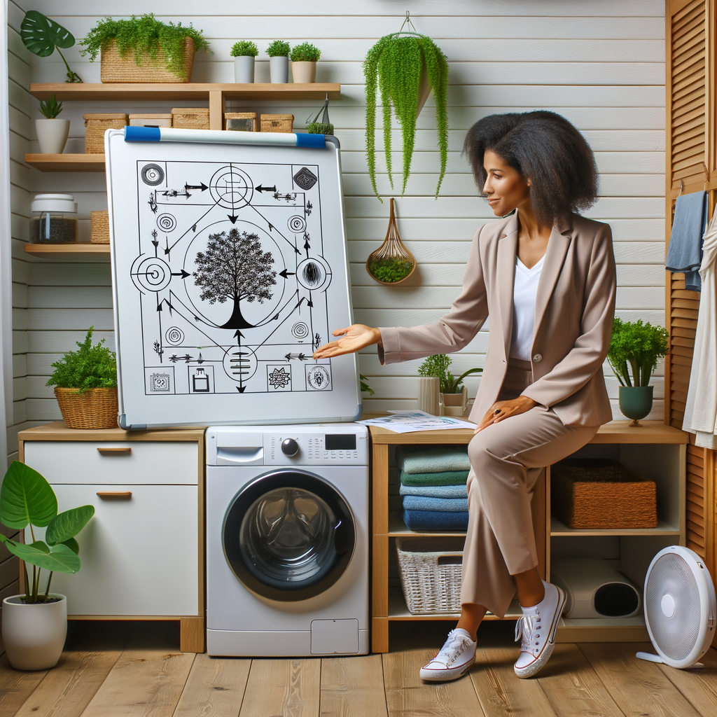 Feng Shui consultant demonstrating energy flow techniques and Feng Shui home improvement tips in a utility room, enhancing the room's energy with balanced appliance and plant placement.