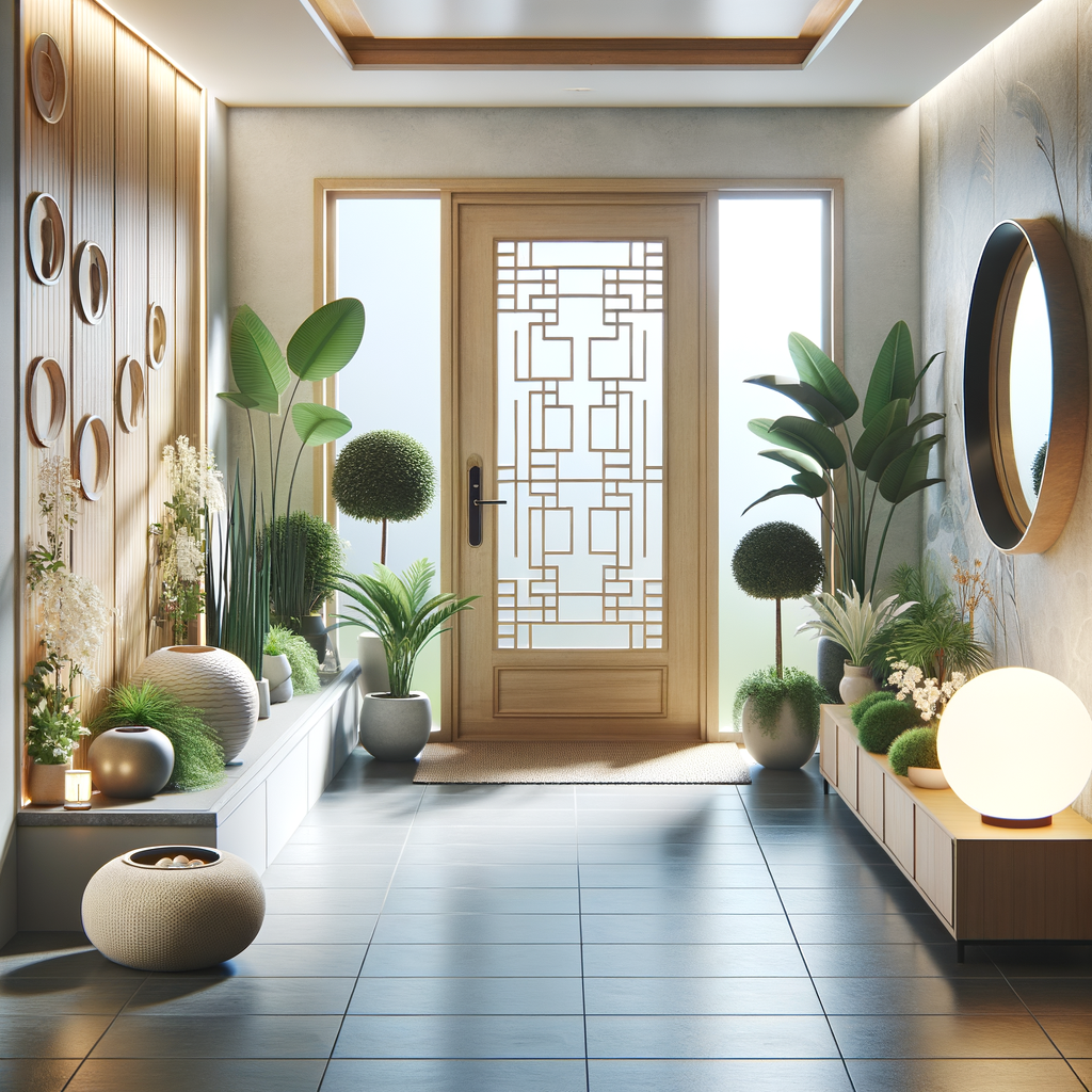 Feng Shui home improvement showcasing Feng Shui principles in a clutter-free foyer with Feng Shui home design elements like a round mirror, plants, and a water feature to enhance Feng Shui energy flow for positive energy.