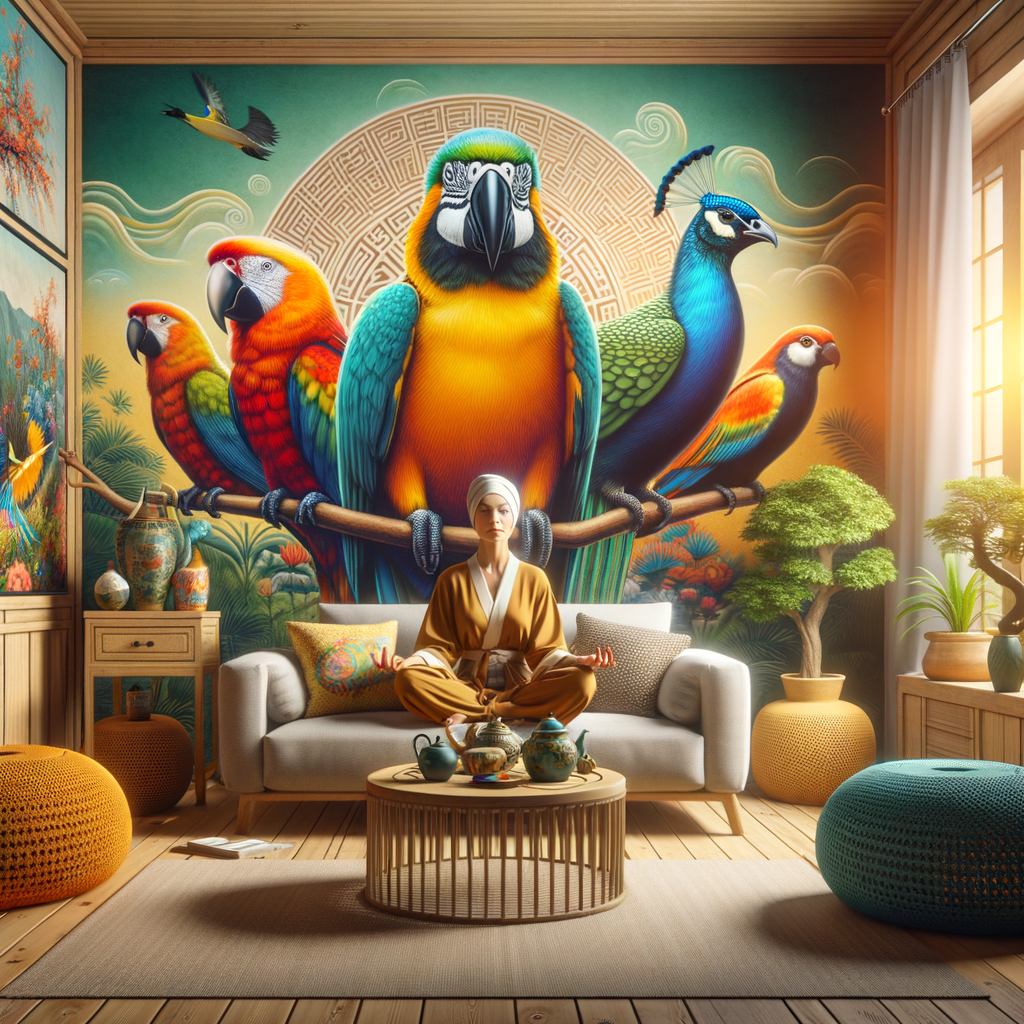 Feng Shui-approved pet birds interacting harmoniously with Feng Shui home decor, radiating positive energy and illustrating the connection between Feng Shui and animals for pet owners.