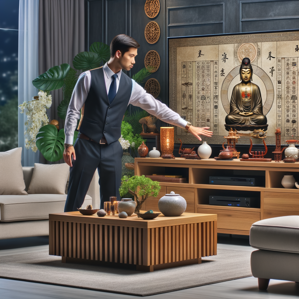 Feng Shui consultant applying Feng Shui practices to improve energy flow in a modern home theater setup, showcasing Feng Shui home improvement techniques for a better viewing experience.