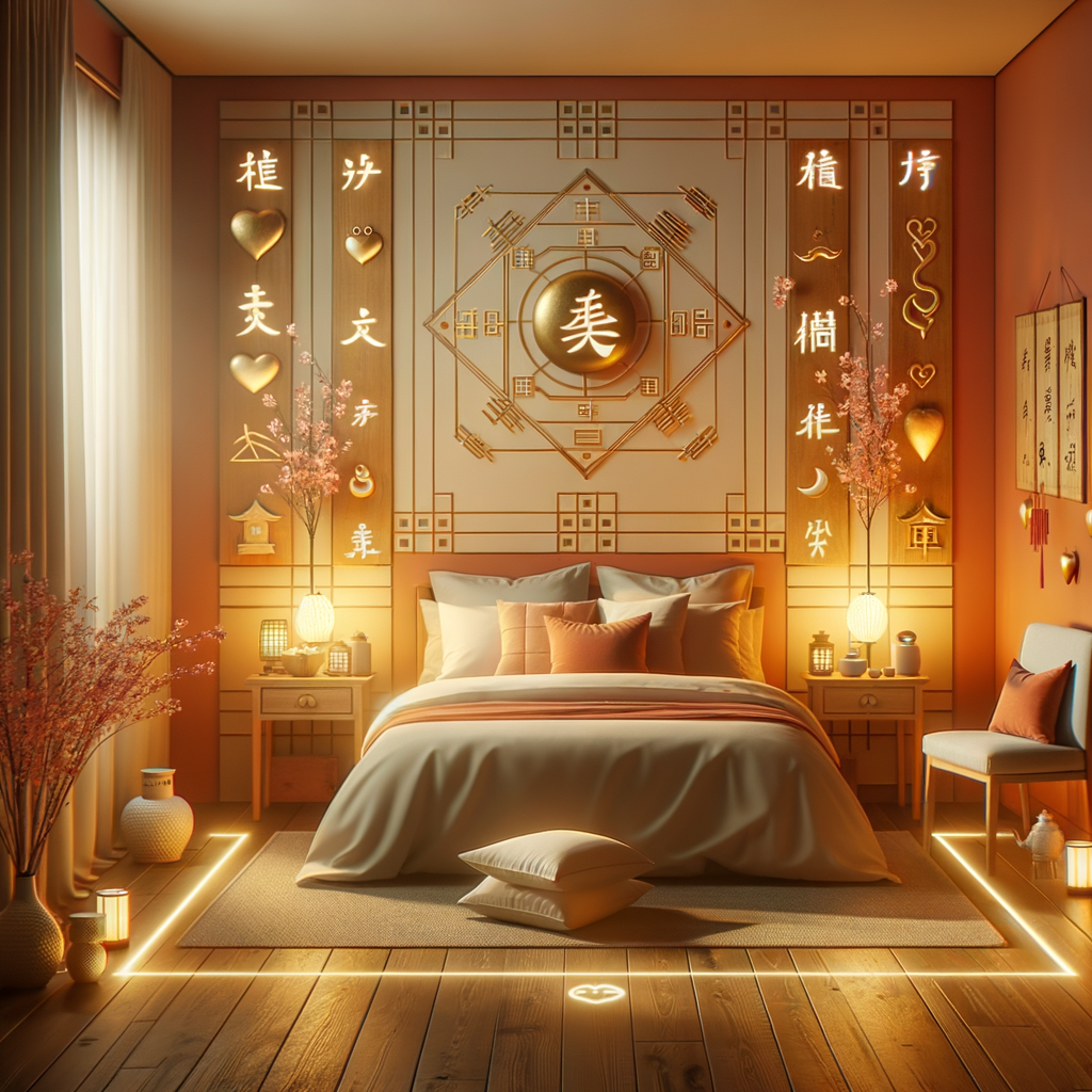 Feng Shui bedroom layout with love symbols and warm colors, showcasing Feng Shui bedroom tips for enhancing romance and relationships, and improving love life.