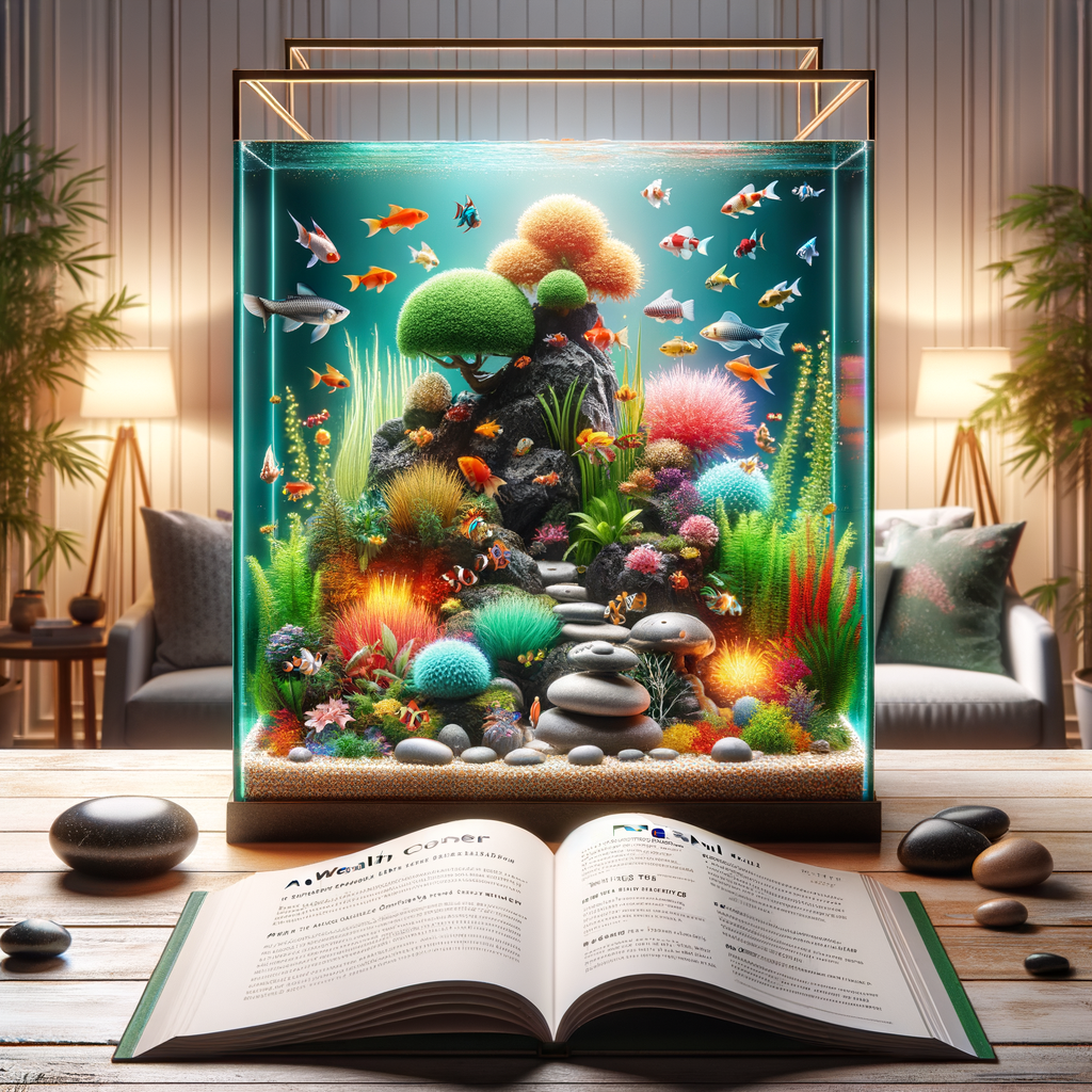 Feng Shui Aquarium with colorful fish, lush plants, and balanced stones, placed in wealth corner for positive energy and good luck, with a guidebook on Feng Shui Aquarium tips and benefits.