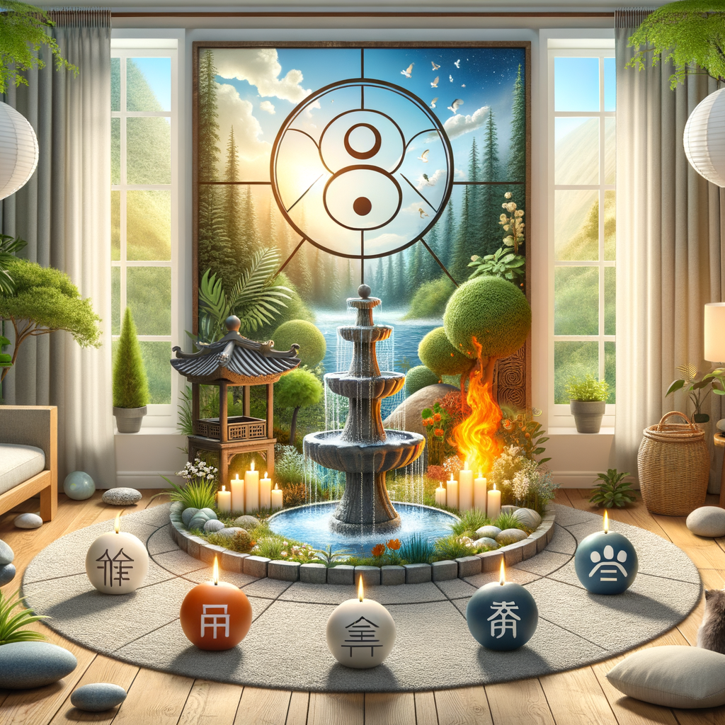 Feng Shui for pets in a serene pet's living environment, showcasing water, earth, fire, and air elements to elevate energy and improve pet's health.