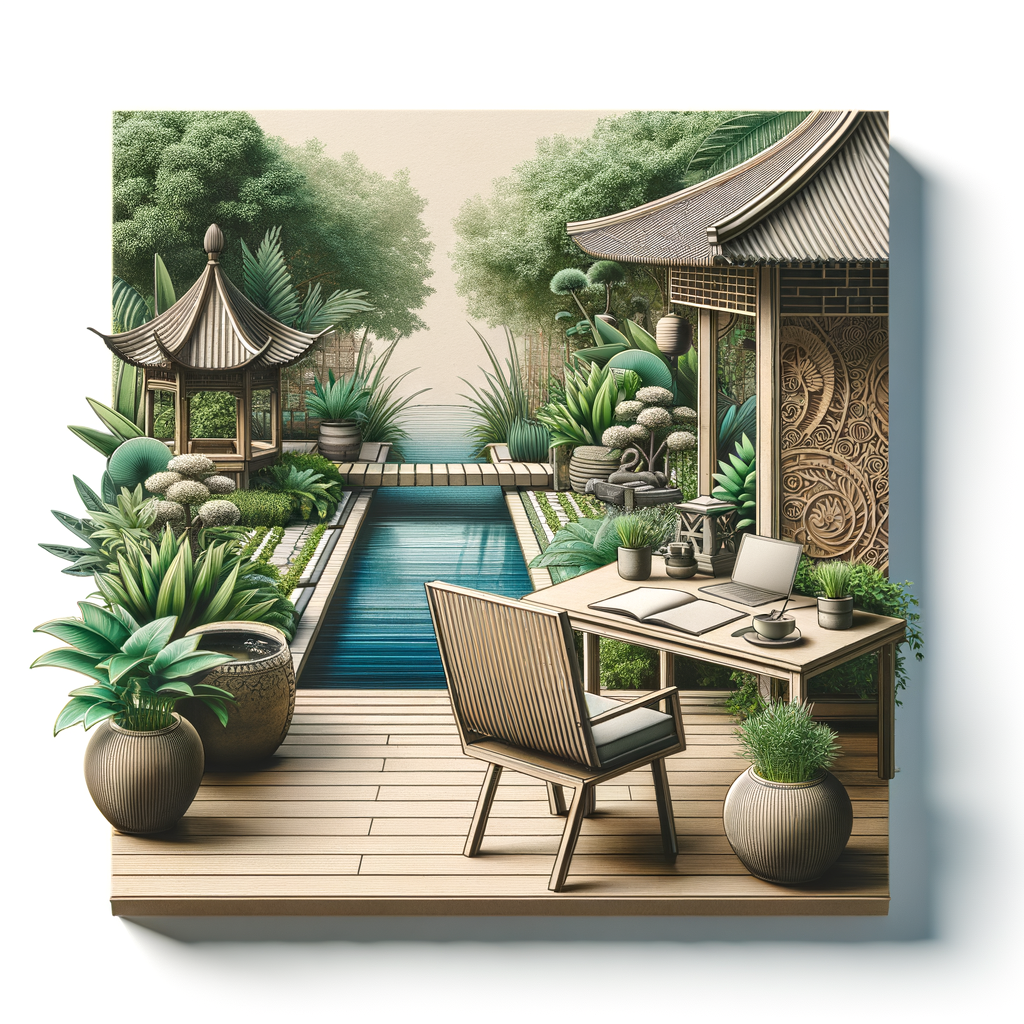 Feng Shui outdoor workspace showcasing productivity-enhancing design principles, featuring a harmoniously arranged desk, chair, plants, and water feature for a transformative and productive workspace design.