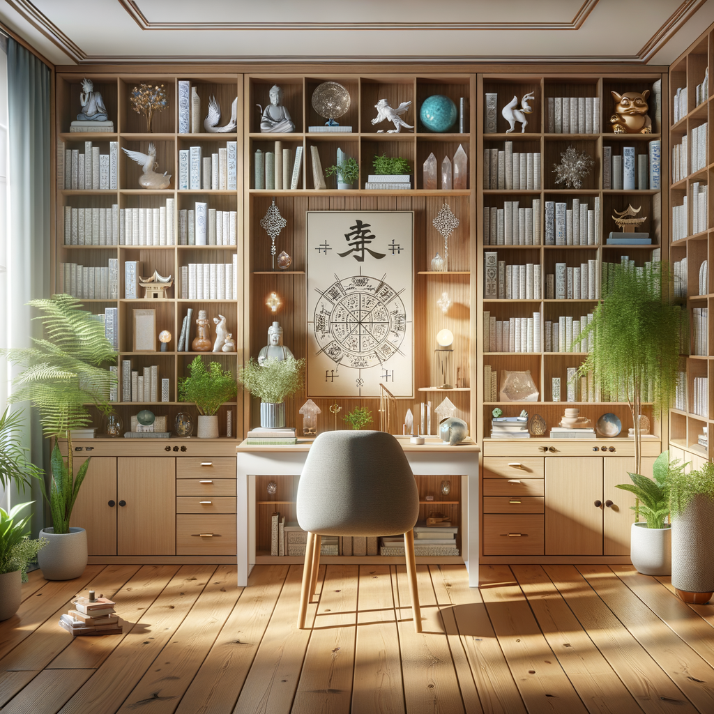 Feng Shui home study and library showcasing techniques to improve energy flow, with organized bookshelf, strategically positioned desk, plants, and crystals for Feng Shui energy improvement.