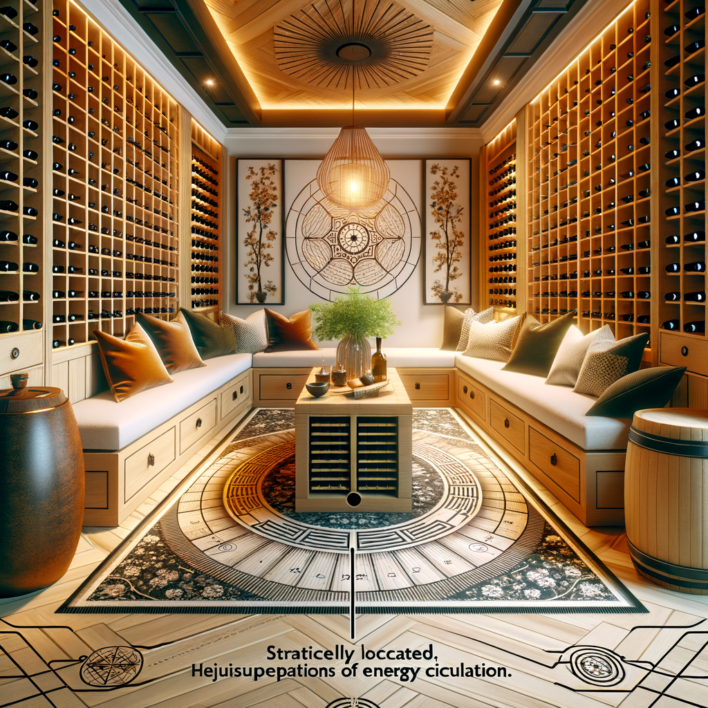 Feng Shui home design enhancing energy flow in wine cellar with balanced earthy elements and harmonious color scheme
