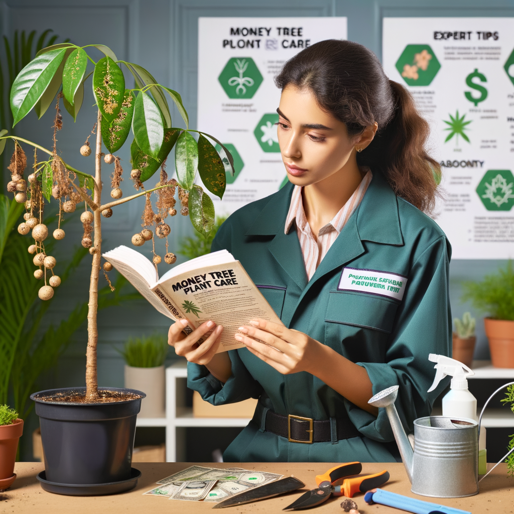 Professional gardener examining a sick Money Tree plant indoors, with a guidebook on Money Tree Plant Care, tools for reviving sick plants, and signs of Money Tree Plant diseases, providing expert tips for Money Tree recovery and indoor plant care.