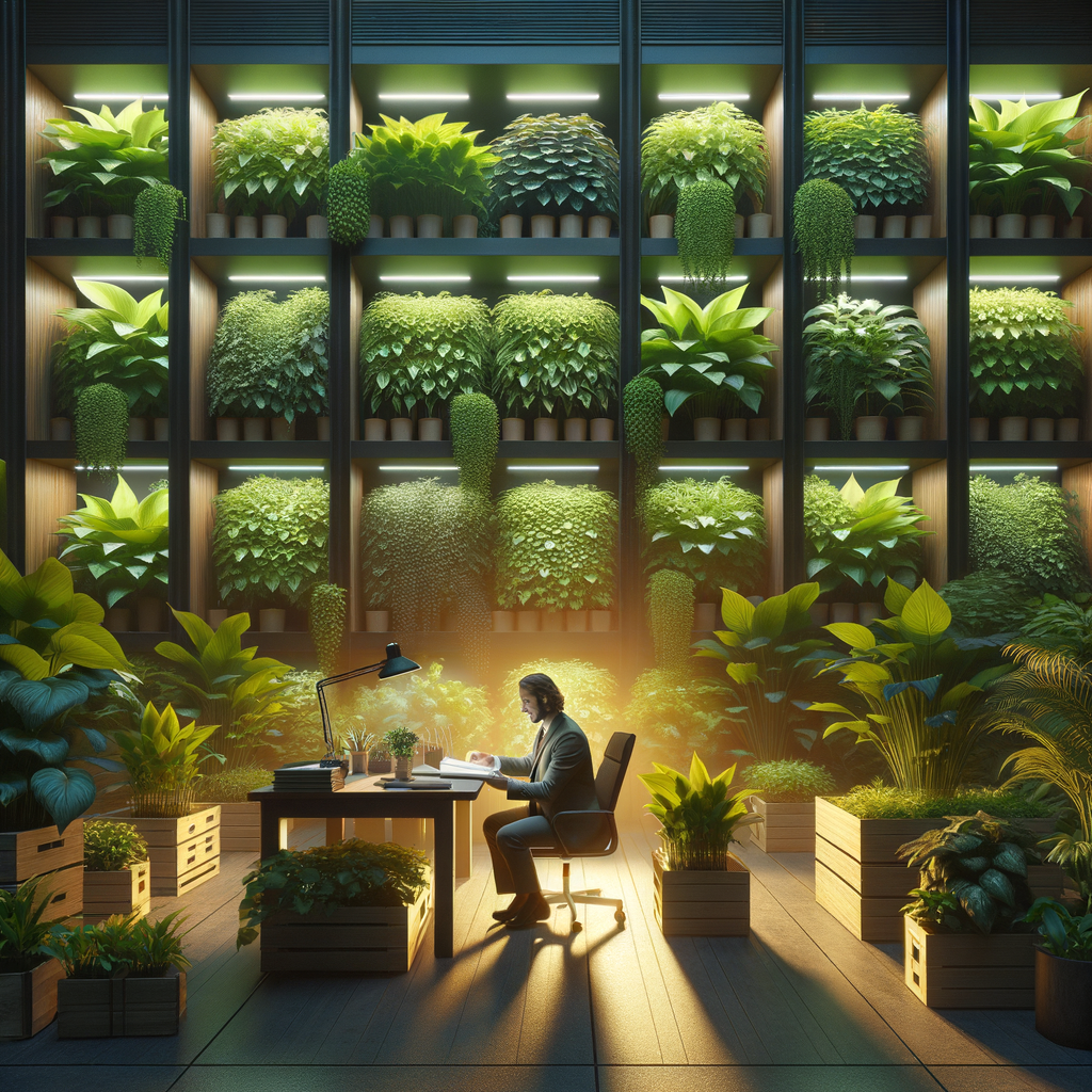 Indoor gardener tending to thriving Pothos plants in a low-light space, demonstrating Pothos plant benefits and care tips for transforming spaces with low-light houseplants, as part of an indoor Pothos plants guide.