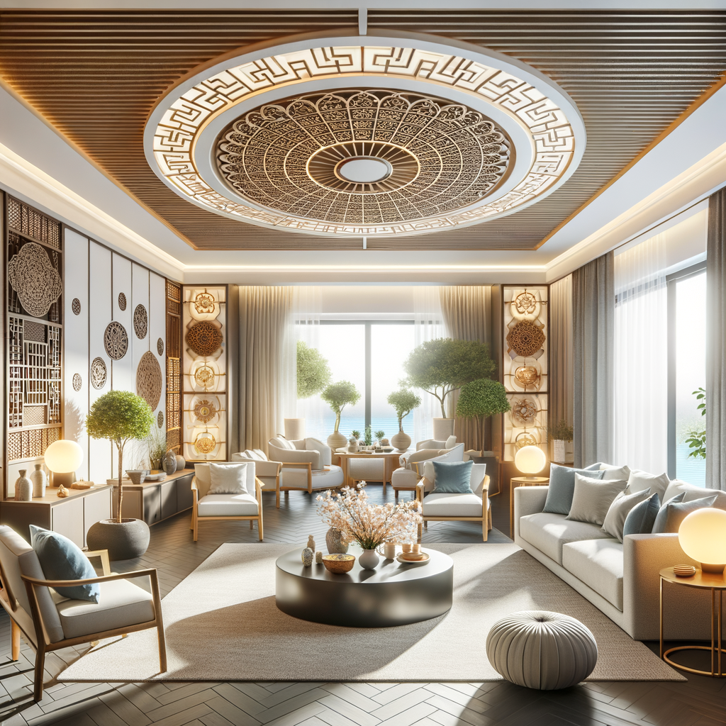 Elegant living room demonstrating best ceilings for Feng Shui, offering Feng Shui design tips for choosing ceilings that align with Feng Shui principles in home design and architecture.
