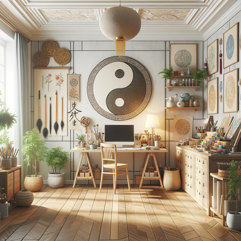 Feng Shui art studio design illustrating harmonious craft room layout with Feng Shui for artists tips, showcasing well-organized art supplies, natural light, and plants for creativity and tranquility.