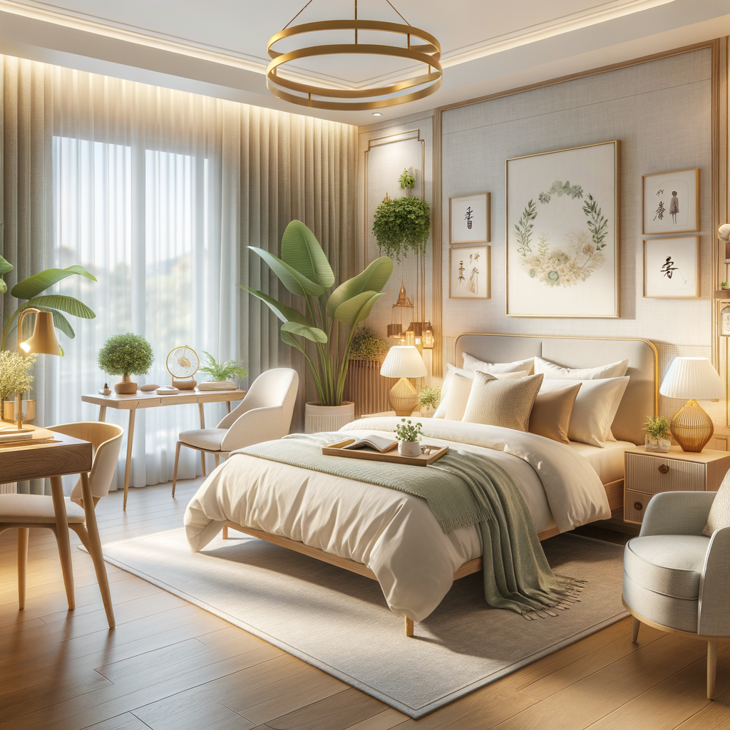 Feng Shui bedroom design illustrating tranquil retreat design, Feng Shui home tips, and tranquil home design for a serene guest bedroom, embodying Feng Shui for tranquility and home retreat design tips.