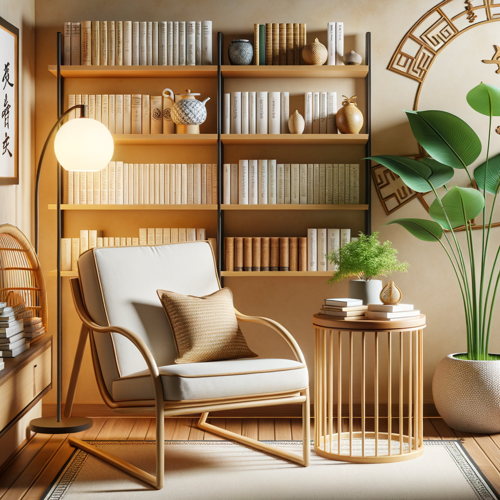 Cozy Feng Shui reading nook designed with Feng Shui decorating tips, featuring a comfortable chair, reading lamp, bookshelf, and a touch of nature for a harmonious reading space.