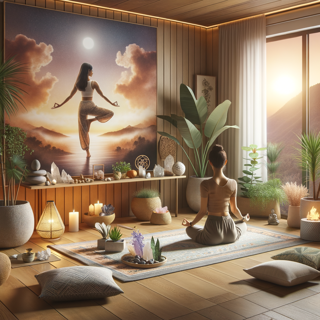 Harmonious Feng Shui Yoga Space in a home setting, illustrating perfect Yoga Space Design and offering Feng Shui Yoga Tips for creating a balanced Home Yoga Space.