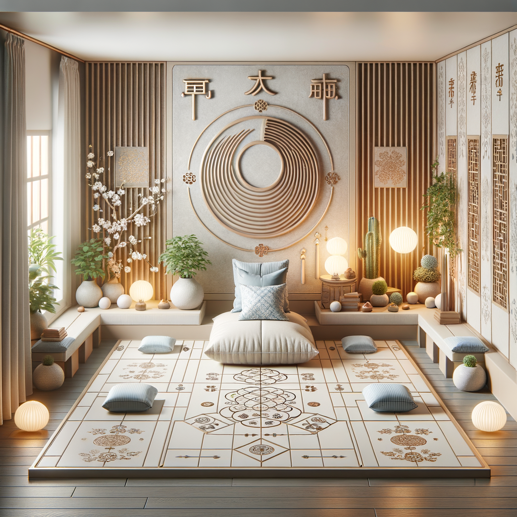 Feng Shui meditation room layout showcasing calming techniques and tips for creating a serene meditation space for stress relief and relaxation.