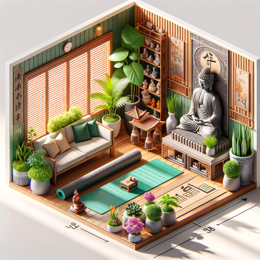 Perfect Feng Shui yoga space at home featuring a well-positioned yoga mat, Buddha statue for spiritual focus, and lush green plants for natural balance, demonstrating home Feng Shui tips and yoga space design ideas.