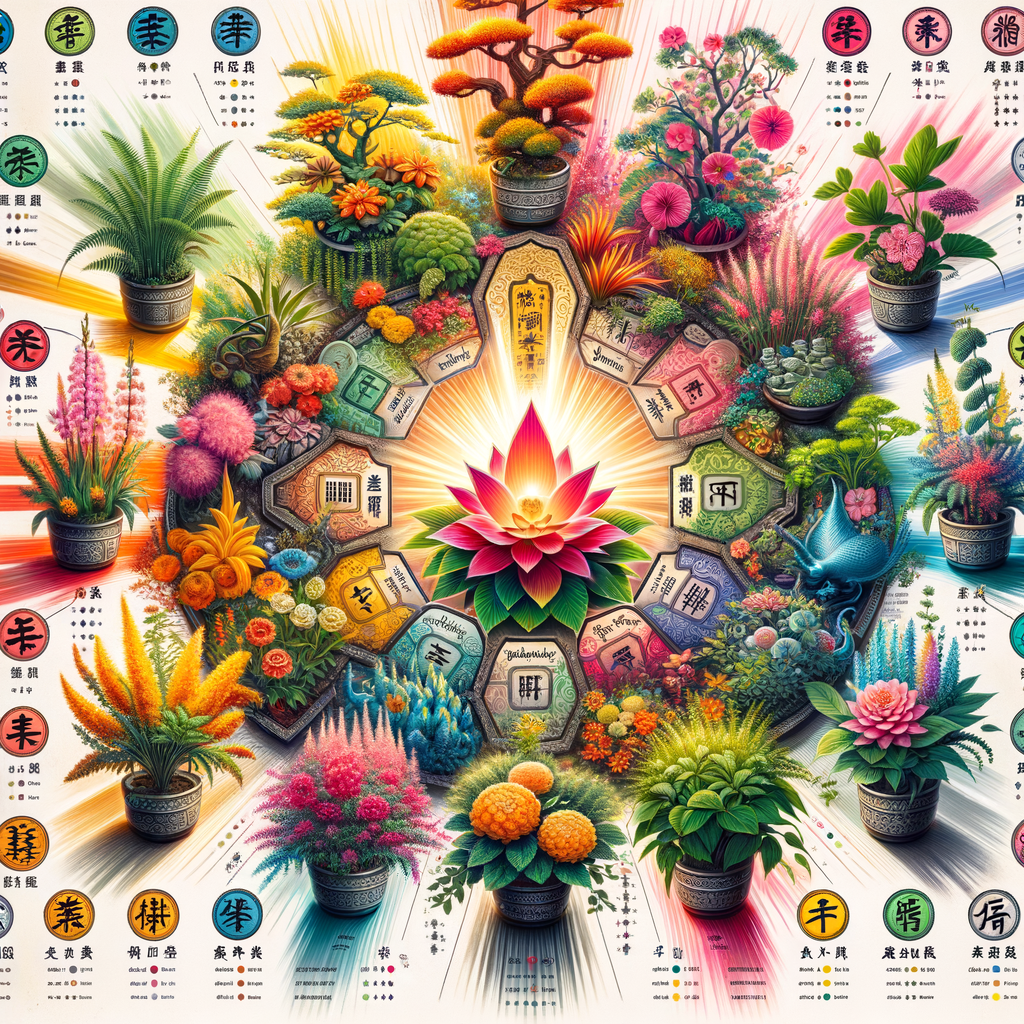 Collection of the best Fengshui plants, each labeled with their names, benefits, and symbolism, arranged according to Fengshui plant placement guidelines, highlighting the most auspicious Fengshui plant for indoor selection.