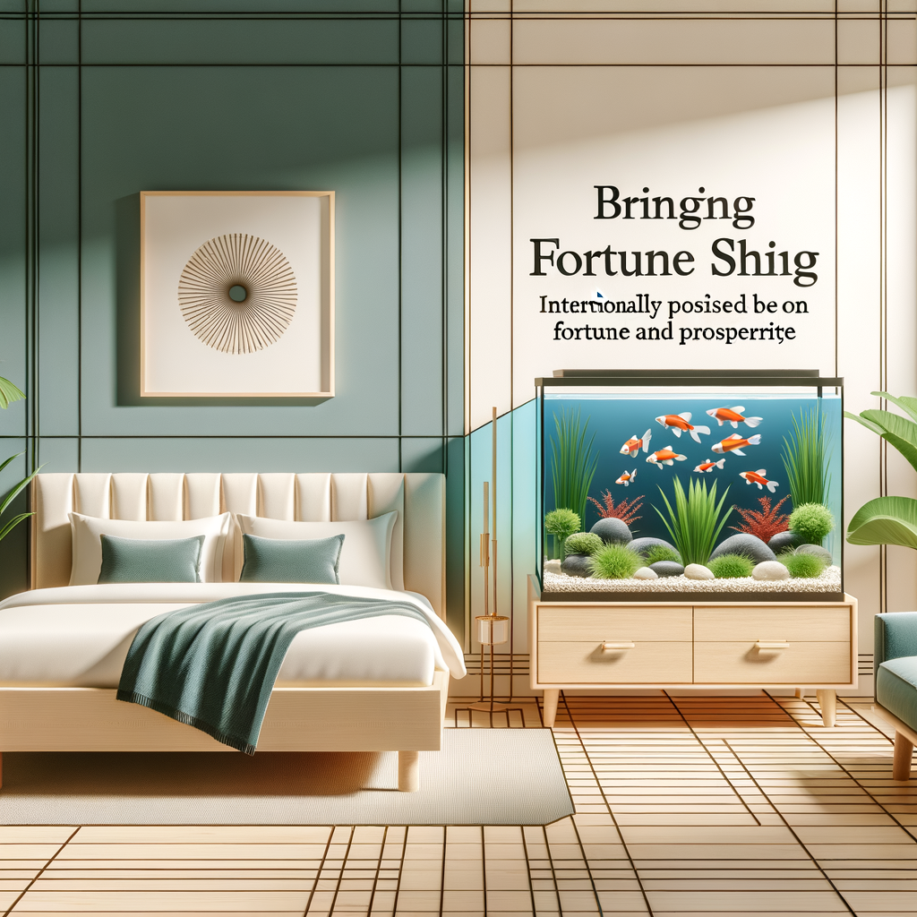 Serene Feng Shui bedroom layout with strategically placed fish tank for good luck and prosperity, showcasing Feng Shui aquarium placement and direction tips, highlighting the benefits of a fish tank in the bedroom for a harmonious environment.