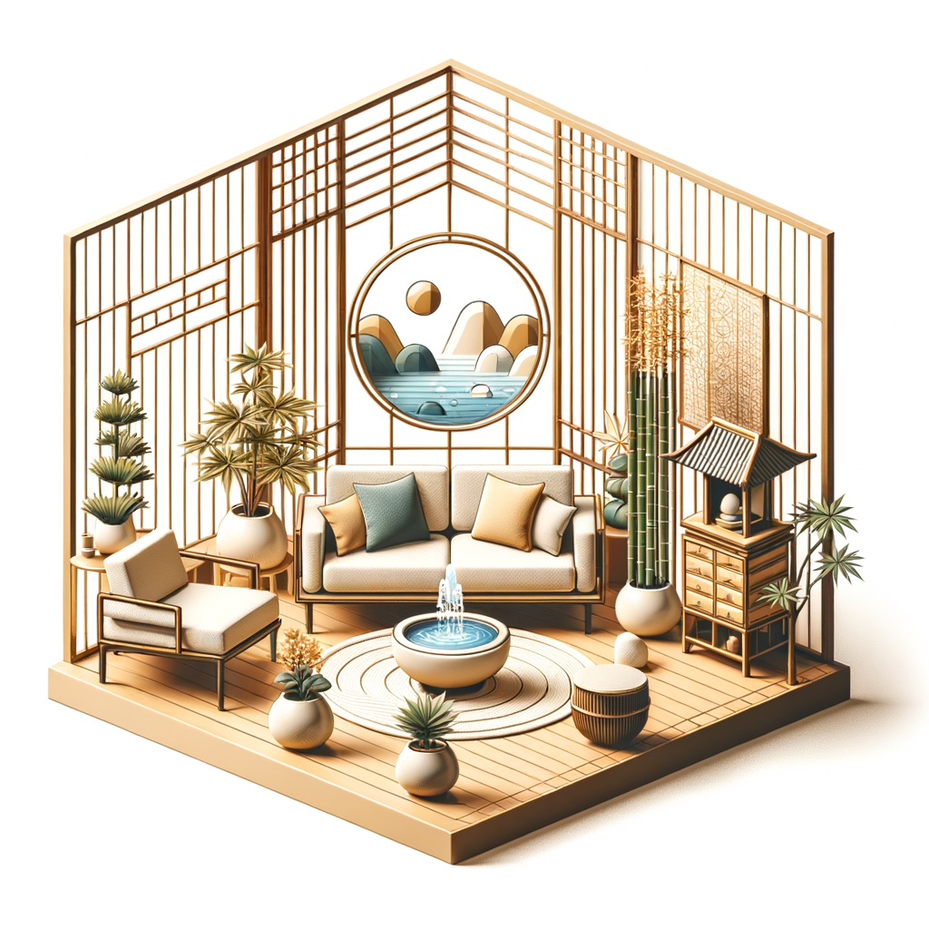 Essential Feng Shui decor items including a bamboo plant, water fountain, and mirror arranged in a living room to enhance positive Feng Shui energy and embody Feng Shui must-haves for a balanced home decor.