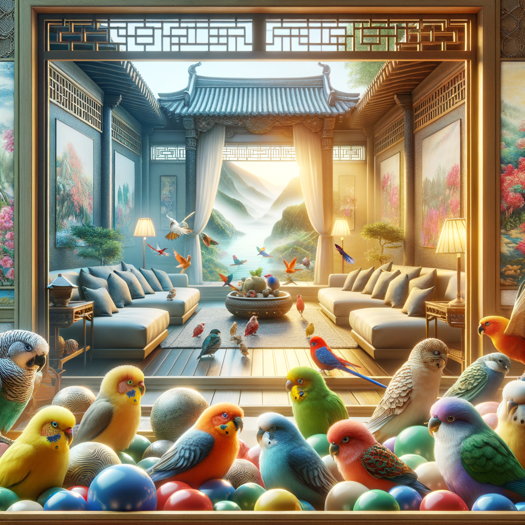 Feng Shui compatible pet birds radiating positive energy in a serene home environment, symbolizing the positive energy and harmony they bring according to Feng Shui principles for pets.