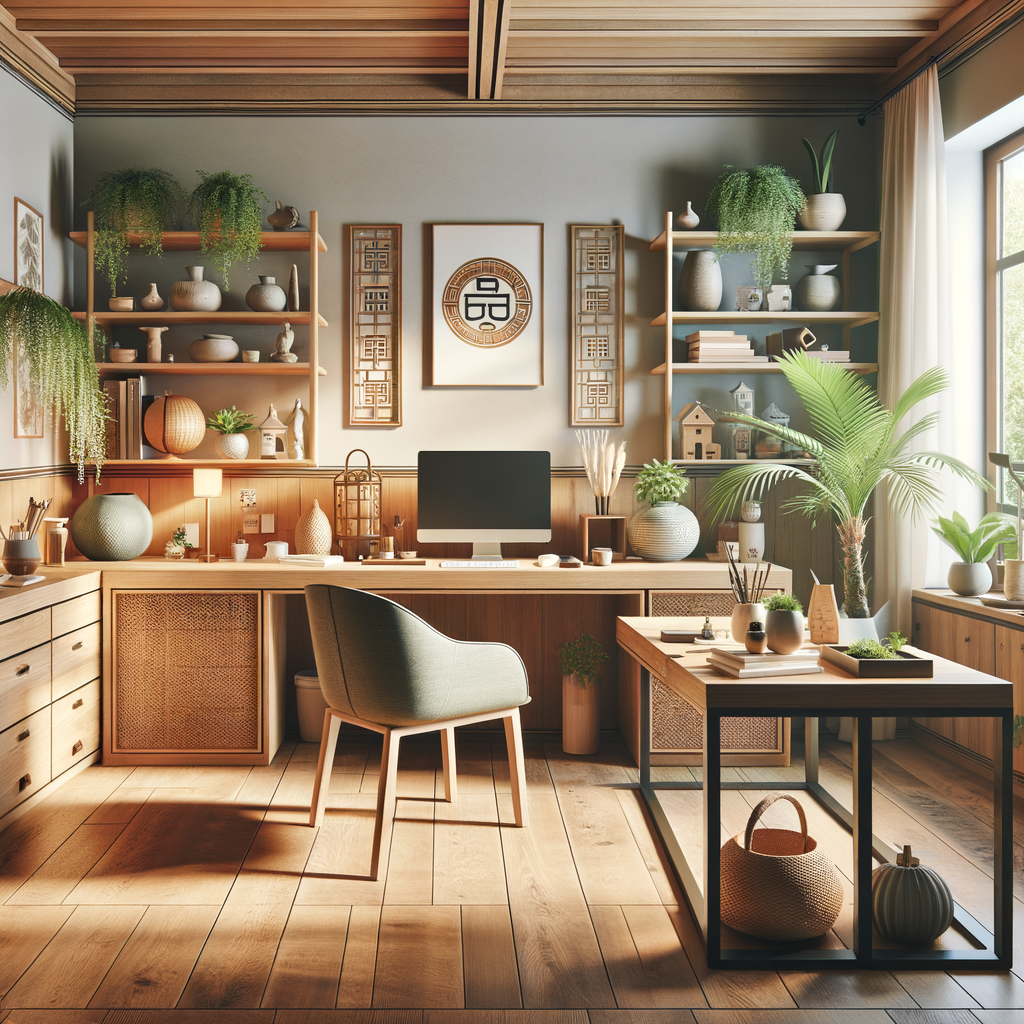 Feng Shui home office illustrating harmonious home environment with strategic Feng Shui adjustments, creating harmony and balance in a home office environment.