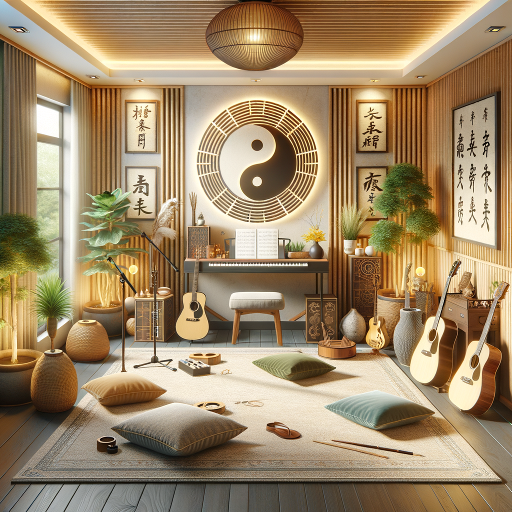 Feng Shui home improvement techniques applied in a harmonious music practice room layout, demonstrating ambiance improvement tips for home music room design with Feng Shui elements.