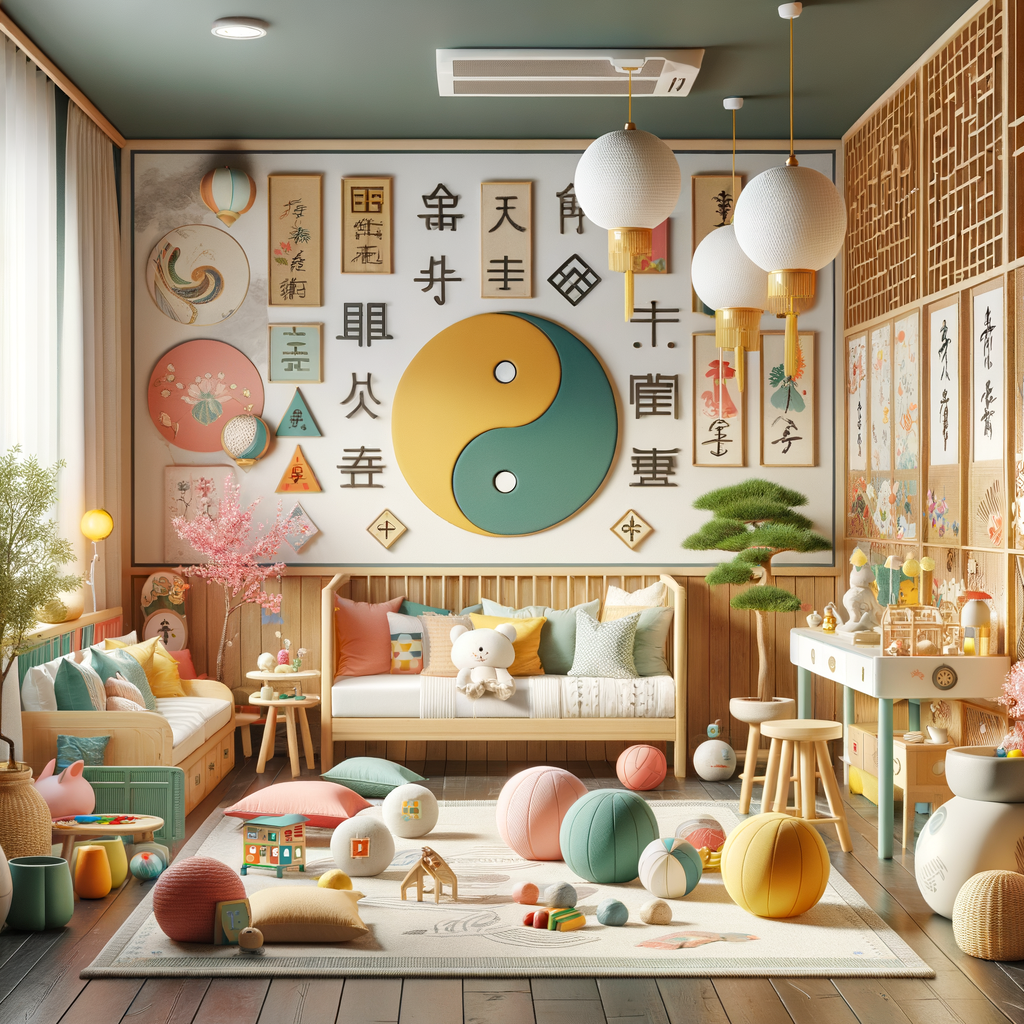 Vibrant and harmonious Feng Shui children's room layout with balanced Feng Shui child's room colors and well-placed furniture, embodying Feng Shui principles and tips for a serene and playful kid's bedroom design.