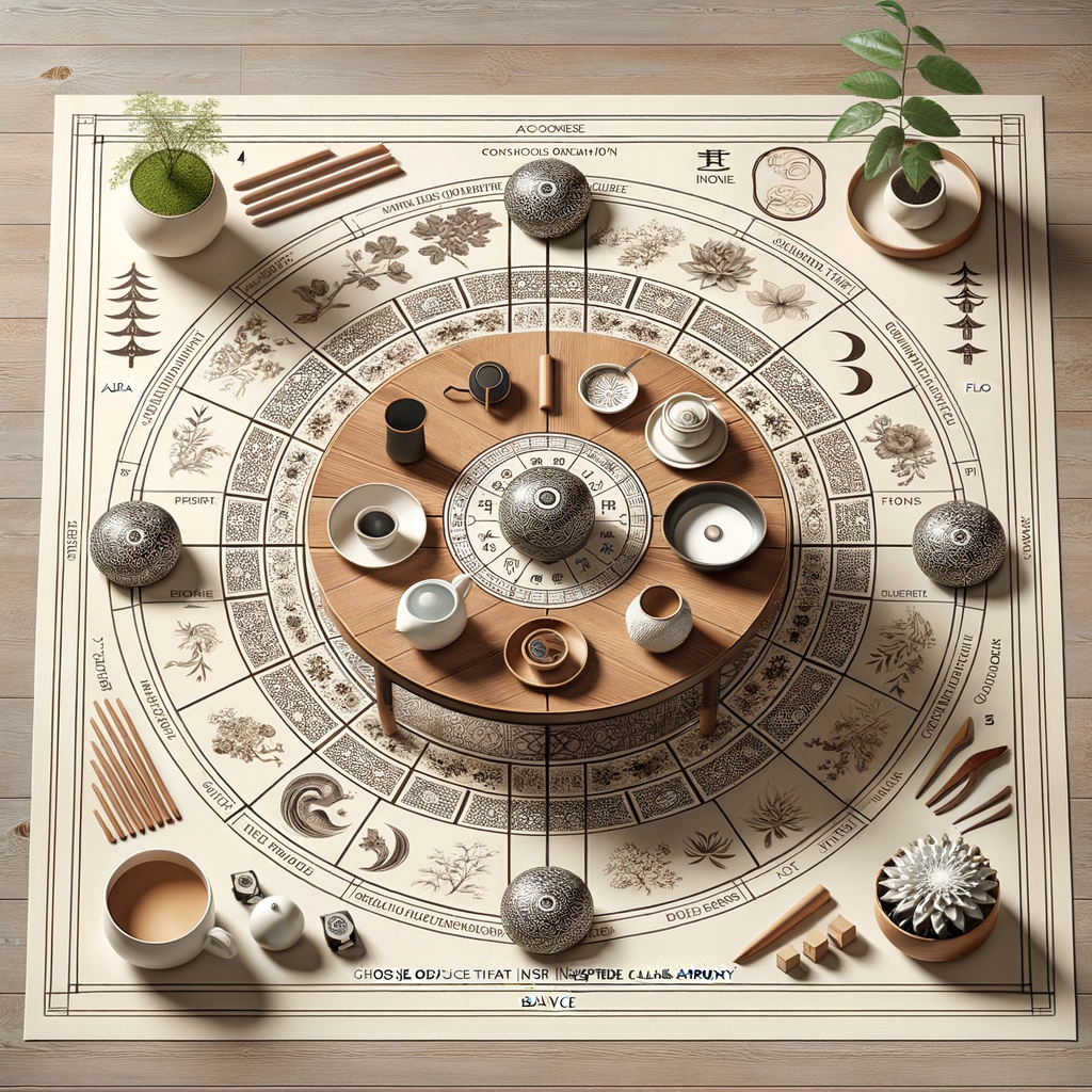Expertly arranged Feng Shui coffee table showcasing harmonious decor and balanced layout, demonstrating Feng Shui coffee table design tips and guidelines for table arrangements in Feng Shui.