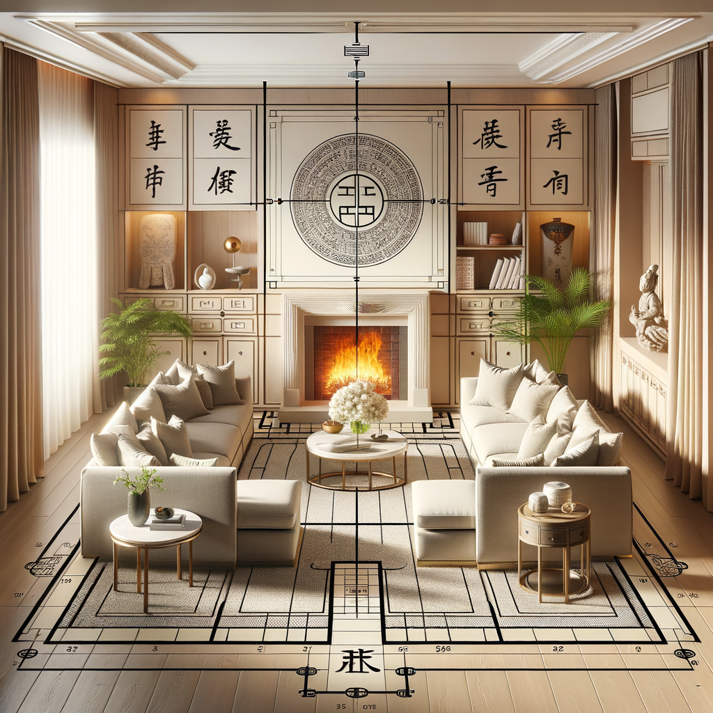 Elegant living room layout showcasing essential Feng Shui guidelines, specifically fireplace placement in Feng Shui, demonstrating Feng Shui fireplace rules and principles for a harmonious Feng Shui home design.