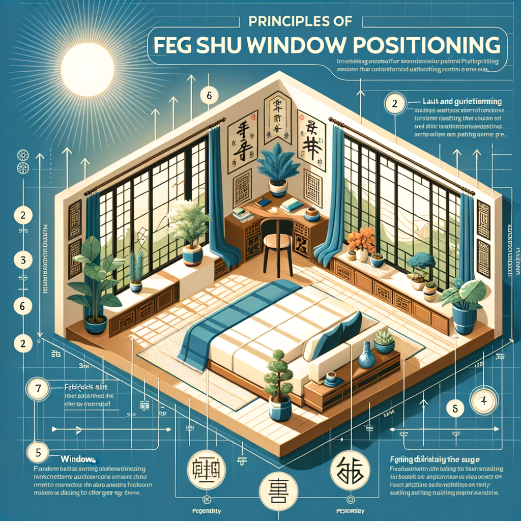 Infographic illustrating Feng Shui window positioning principles, optimal window arrangement and direction for positive energy flow, and tips for using windows in Feng Shui.