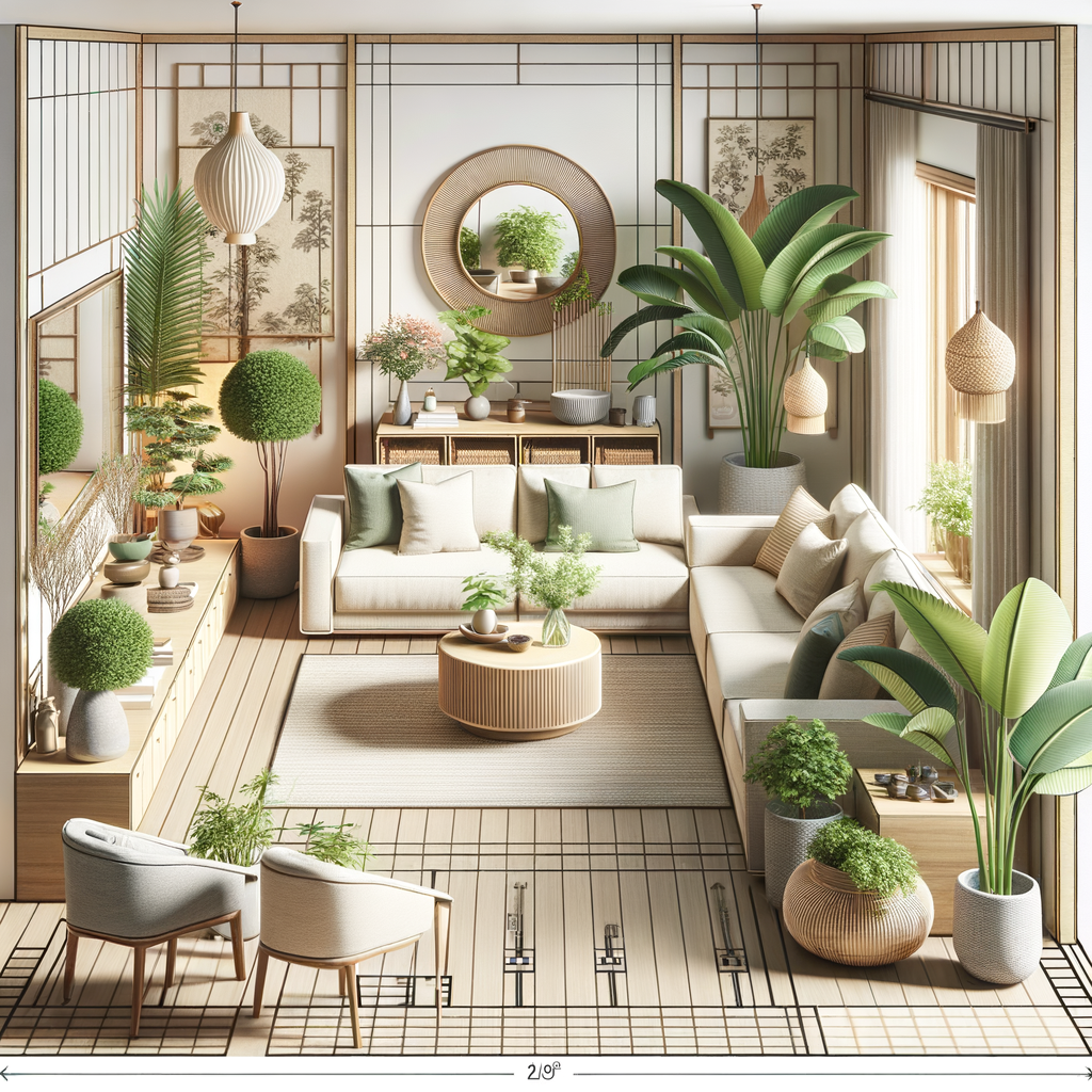 Feng Shui living room layout showcasing balanced furniture arrangement, plants for positive energy, and natural light reflection, providing practical Feng Shui living room design tips and ideas.