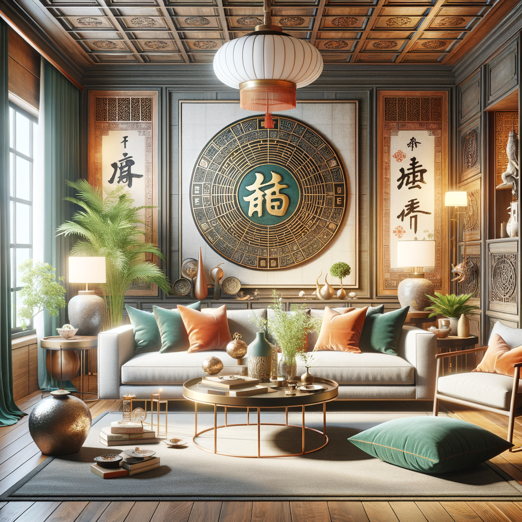 Stylish living room demonstrating Feng Shui art placement, Feng Shui home decor and wall art, adhering to Feng Shui rules for hanging art, showcasing Feng Shui interior design principles for a harmonious home.