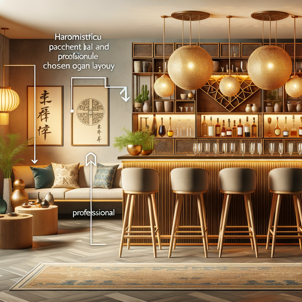 Harmonious Feng Shui home bar setup demonstrating Feng Shui guidelines for home with strategic placement of stools, lighting, and decor for optimal Feng Shui in home design.