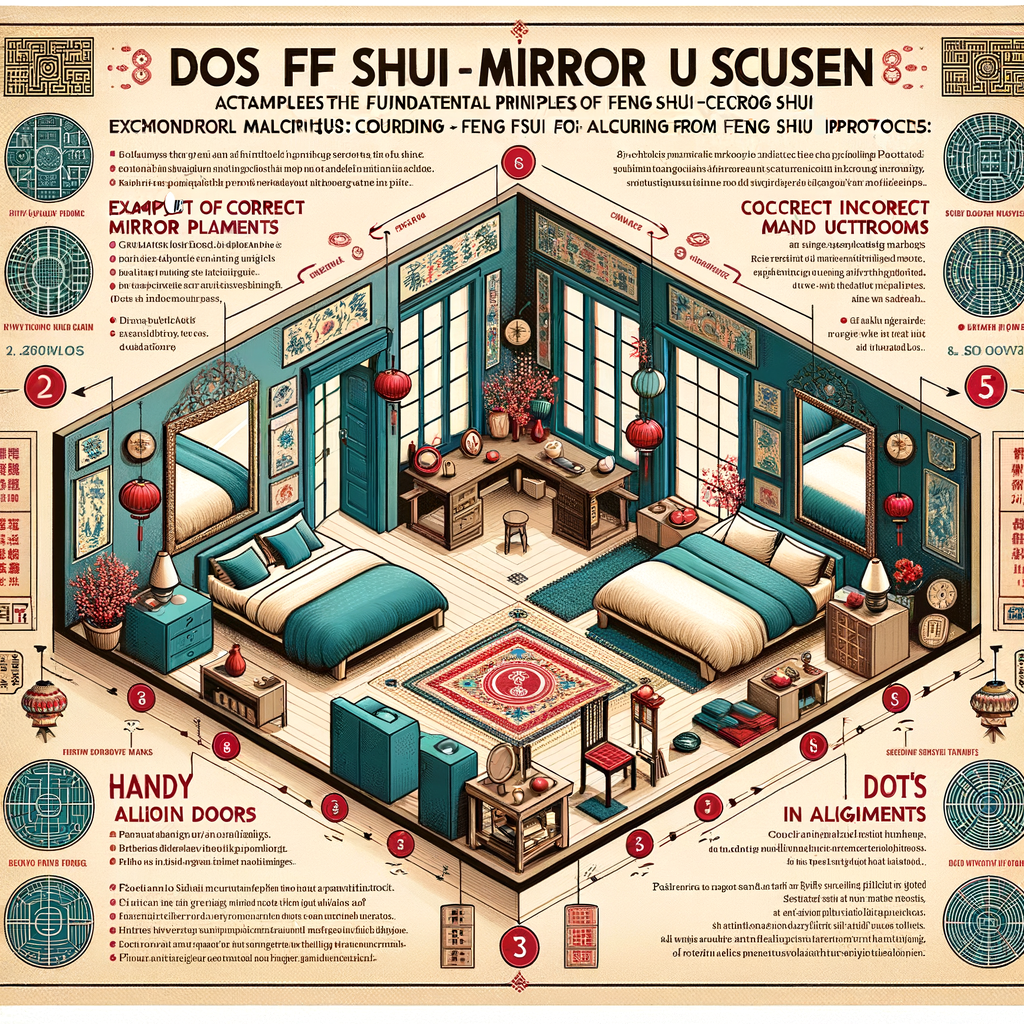 Infographic demonstrating Feng Shui mirror rules, including correct and incorrect use of mirrors in Feng Shui practices, mirror placement in bedrooms and facing doors, and providing Feng Shui mirror tips.