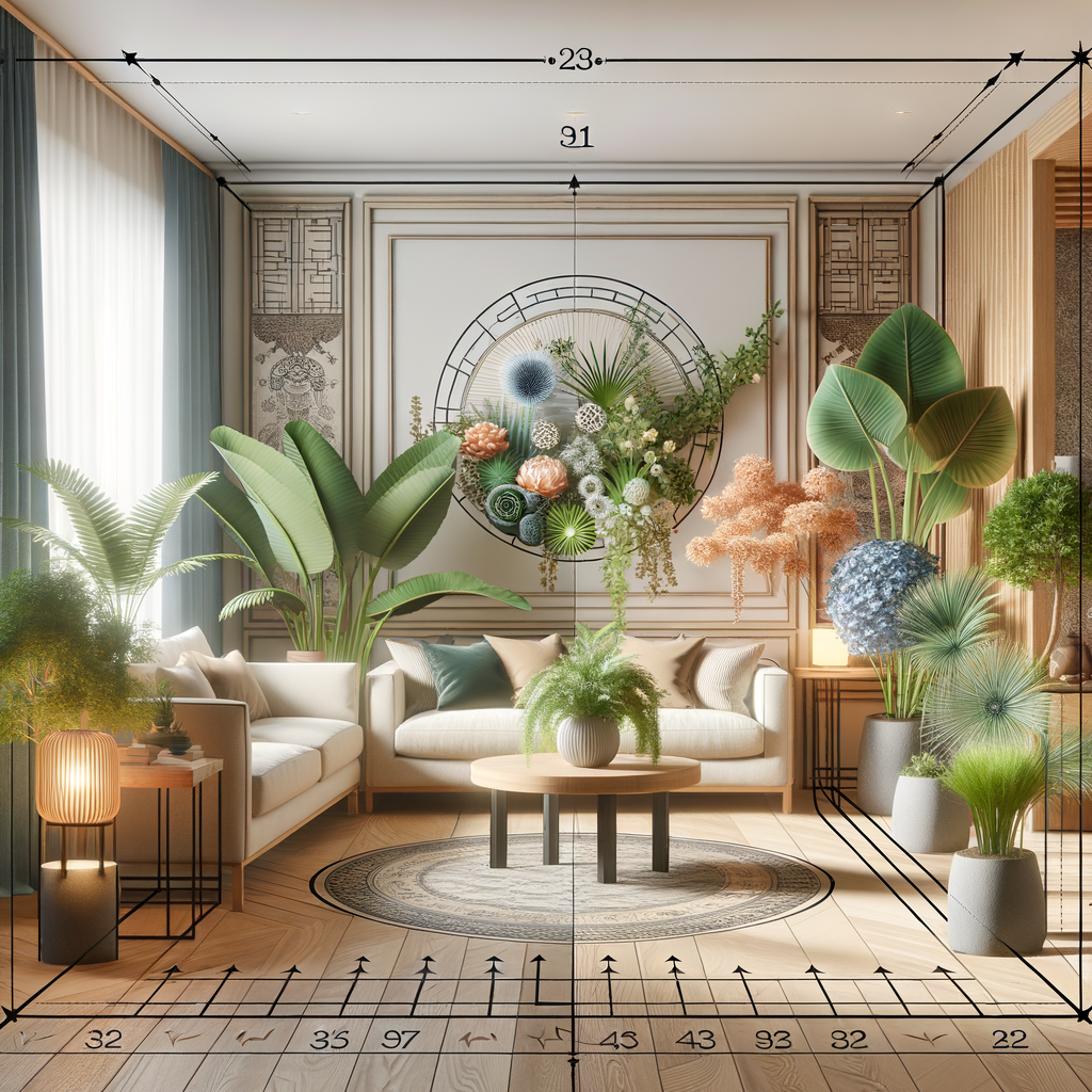 Optimal Feng Shui plant placement in a serene living room using various fake plants to enhance positive energy, demonstrating effective use of artificial plants for positive Feng Shui energy.
