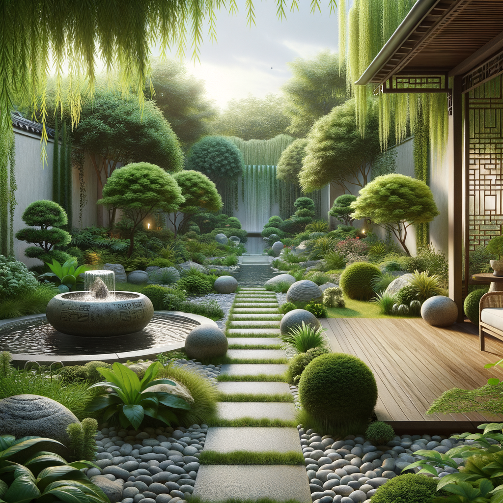 Harmonious Feng Shui garden design showcasing essential Feng Shui outdoor tips for transforming outdoor space, featuring a balanced patio layout and strategic placement of plants and water features for a successful Feng Shui backyard transformation.