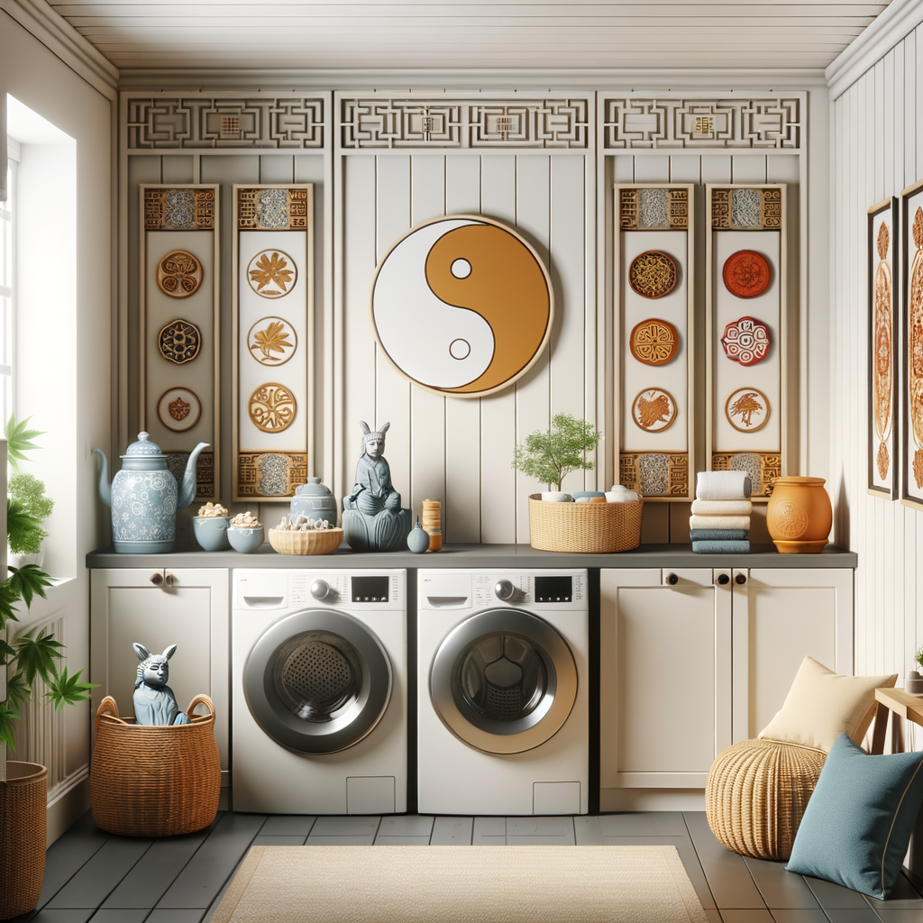 Feng Shui laundry room showcasing balanced color scheme, strategic appliance placement, and decor promoting positivity and well-being through Feng Shui techniques in home design.