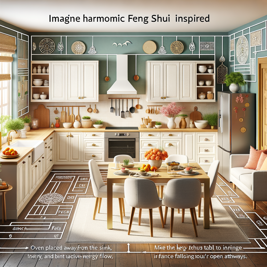 Feng Shui kitchen layout with balanced furniture arrangement and colors promoting positive energy flow, showcasing Feng Shui kitchen design principles for improving kitchen energy.