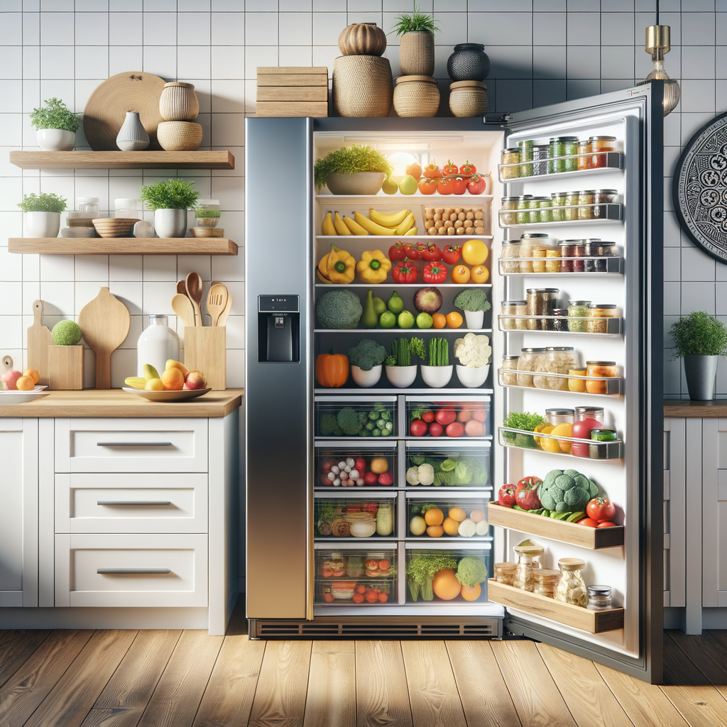 Feng Shui fridge organized with fresh produce and food storage containers for positive energy flow, demonstrating Feng Shui refrigerator tips and food placement in a Feng Shui kitchen layout.