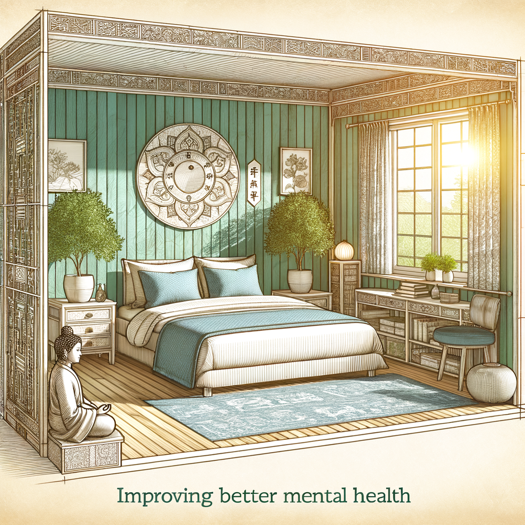 Feng Shui bedroom layout and design showcasing Feng Shui techniques for better mental health, illustrating the benefits of Feng Shui for mental health improvement and wellness.