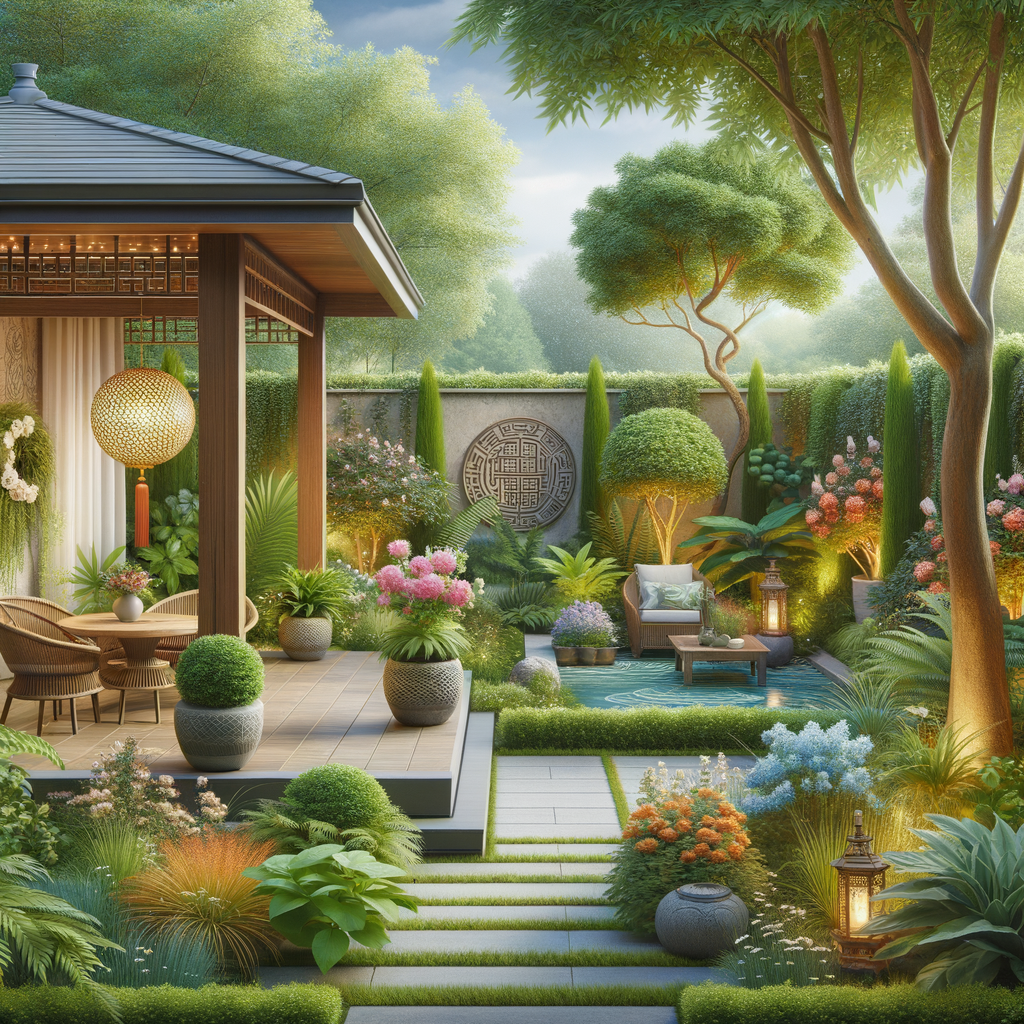 Harmonious Feng Shui garden design showcasing best Feng Shui outdoor plants on a patio, illustrating the benefits of Feng Shui landscaping for creating serene outdoor spaces.