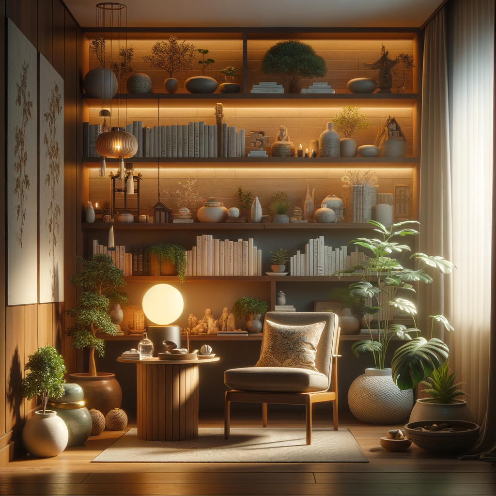 Feng Shui home adjustments creating a serene reading corner with balanced lighting, earth-toned colors, strategically placed plants and books, and Feng Shui home decor tips for a peaceful home environment.
