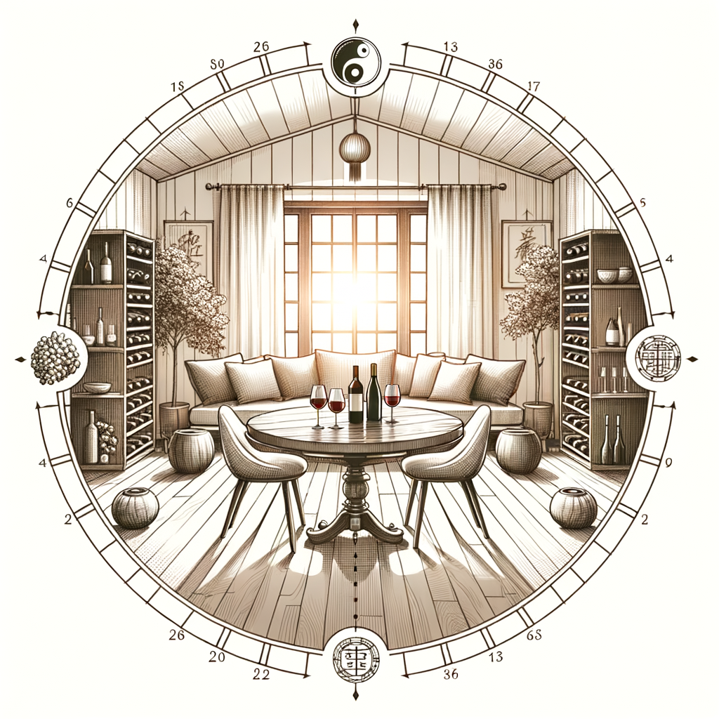 Feng Shui designed home wine tasting room with round table, balanced decor, and strategically placed wine racks fostering harmony and optimal energy flow.