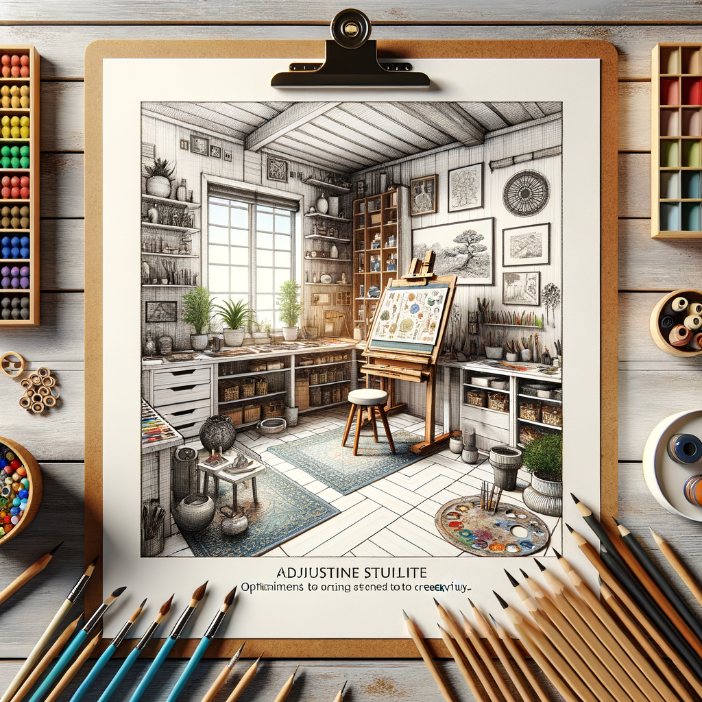 Feng Shui art studio layout showcasing strategic placement of art supplies and use of color to boost creativity, demonstrating Feng Shui adjustments for artists.