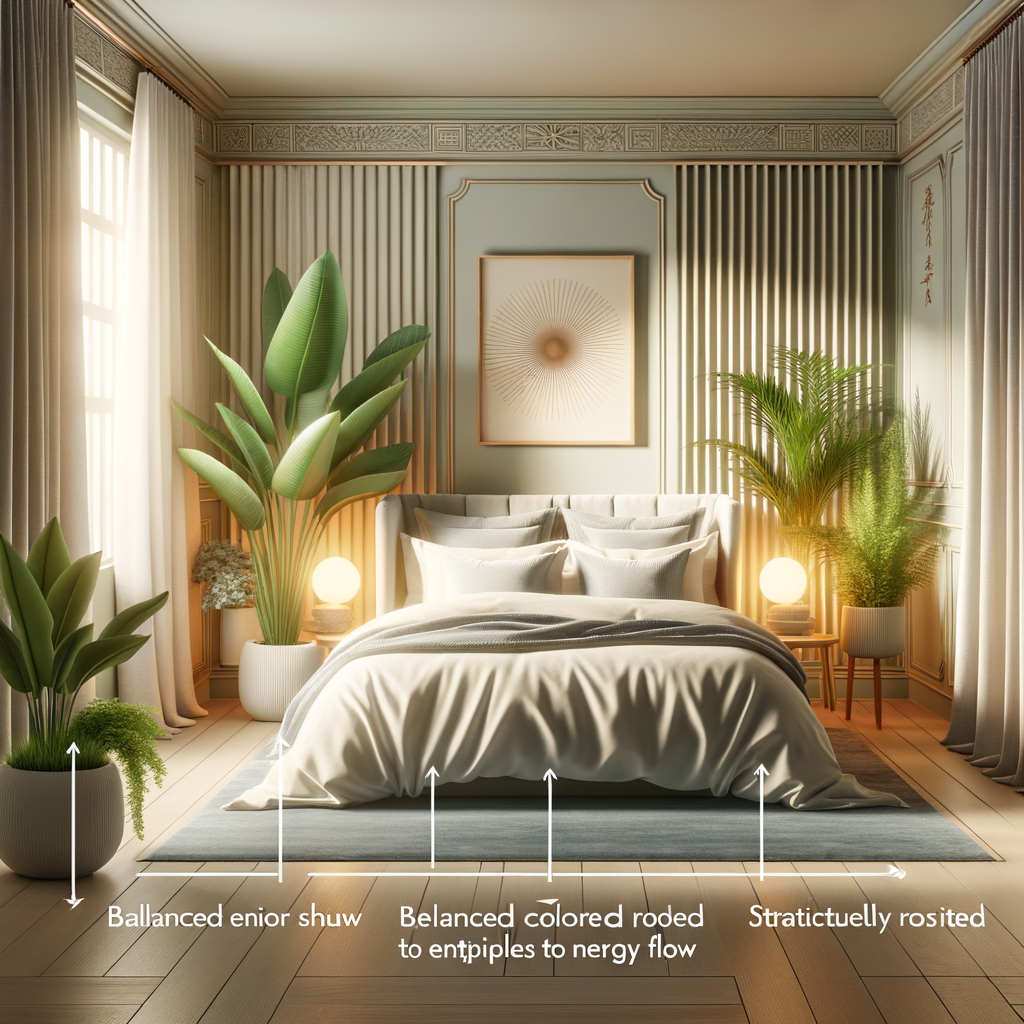 Feng Shui bedroom layout with plants and balanced colors, illustrating Feng Shui sleep tips and techniques for sleep quality improvement and better sleep.